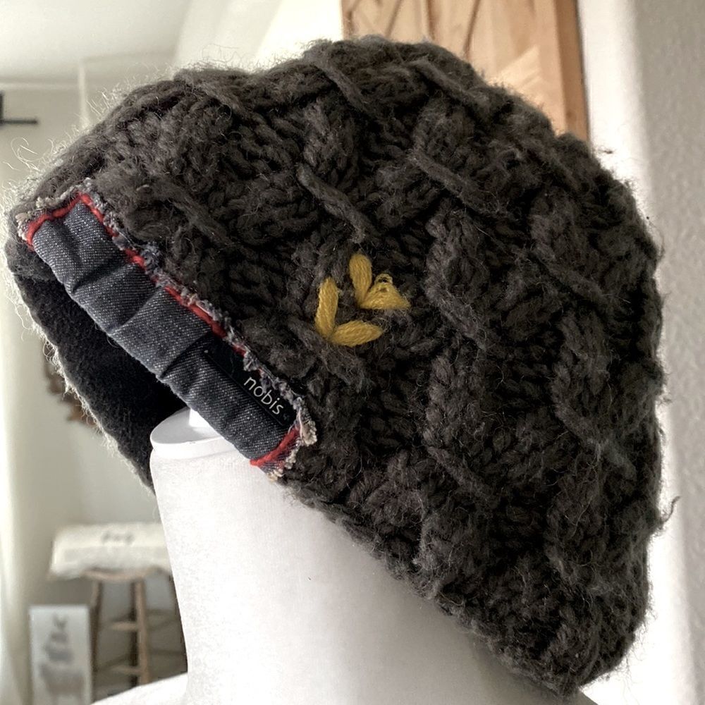 Nobis Smokey Grey Knitted Beanie Hat Yellow Stitching Wool Blend Warm Quality